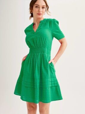 Women's Draper James Dotted Windowpane Smocked Waist V-Neck Mini Dress L Green